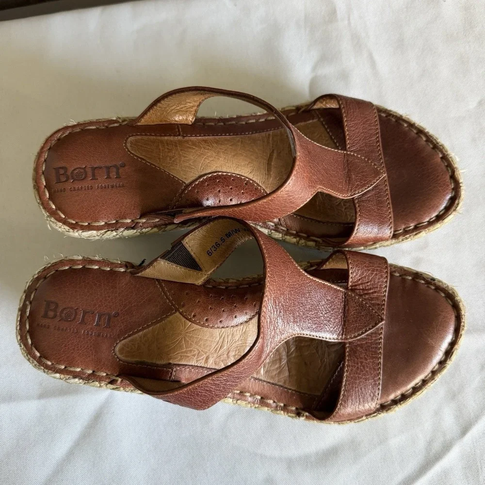 Born Brown Leather Woven Espridrille Wedge Platform  Sandal Women 6 US. 36.5 EU